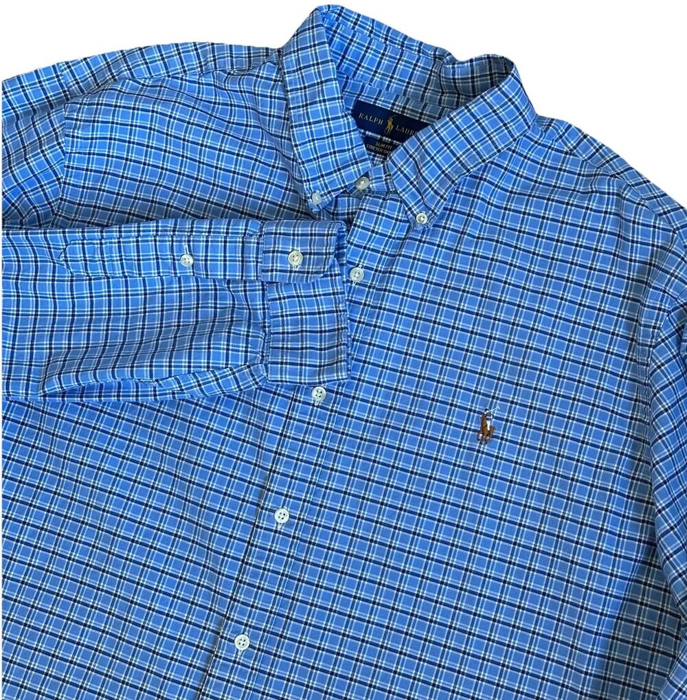 Ralph Lauren Pony Shirt Mens XXL Blue Plaid Slim Fit Preppy Old Money Career